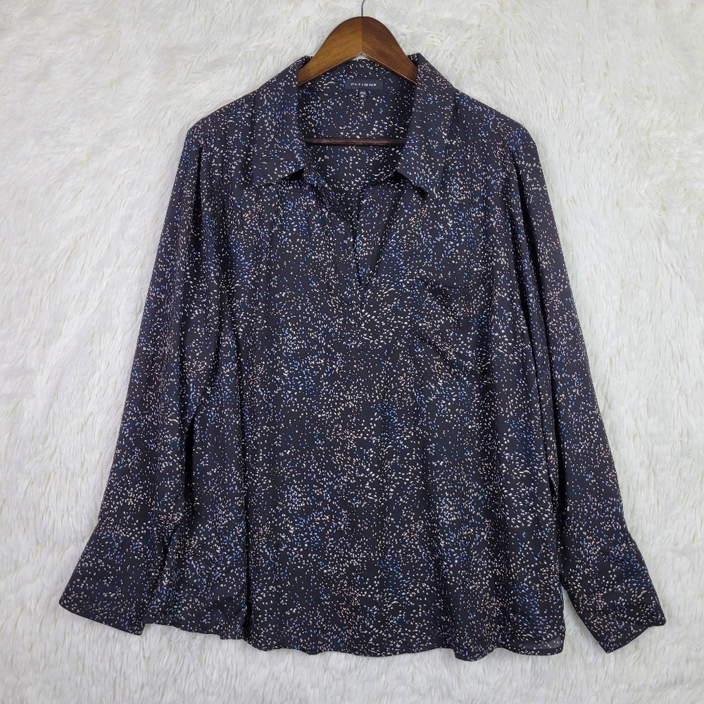 XL Pleione Black Geometric Dot Tunic V-Neck Blouse Flowy Colorful